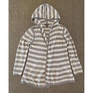 Eileen Fisher Hooded Sweater Open Cardigan Stripe SP 100% Organic Linen Coastal
